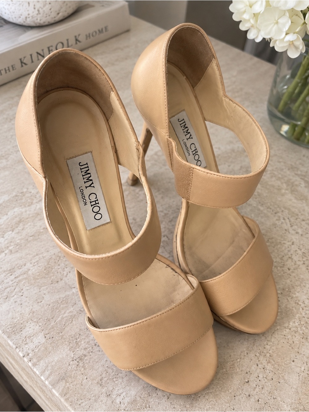 Authentic Jimmy Choo Nude Leather Platform Stiletto Heels – Size 40